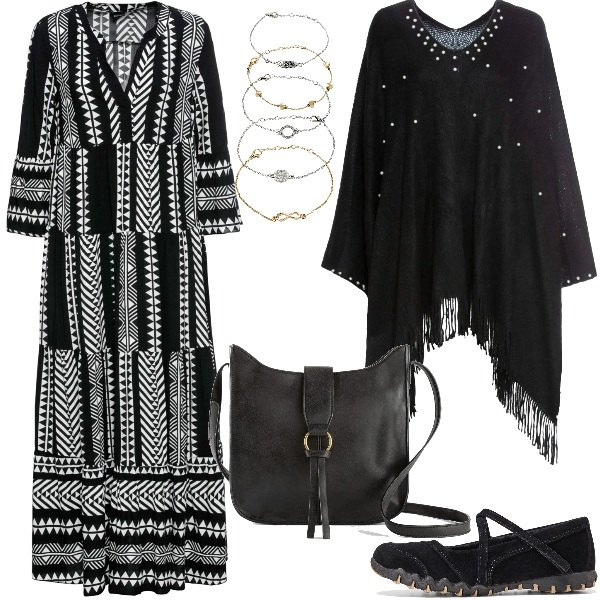 Outfit donna - Etnica curvy settembre. Stile Etnico per Tutti i giorni. Abbinamento con vestiti lunghi, scarpe sportive, braccialetti con ciondoli, borse a tracolla, cappotti.