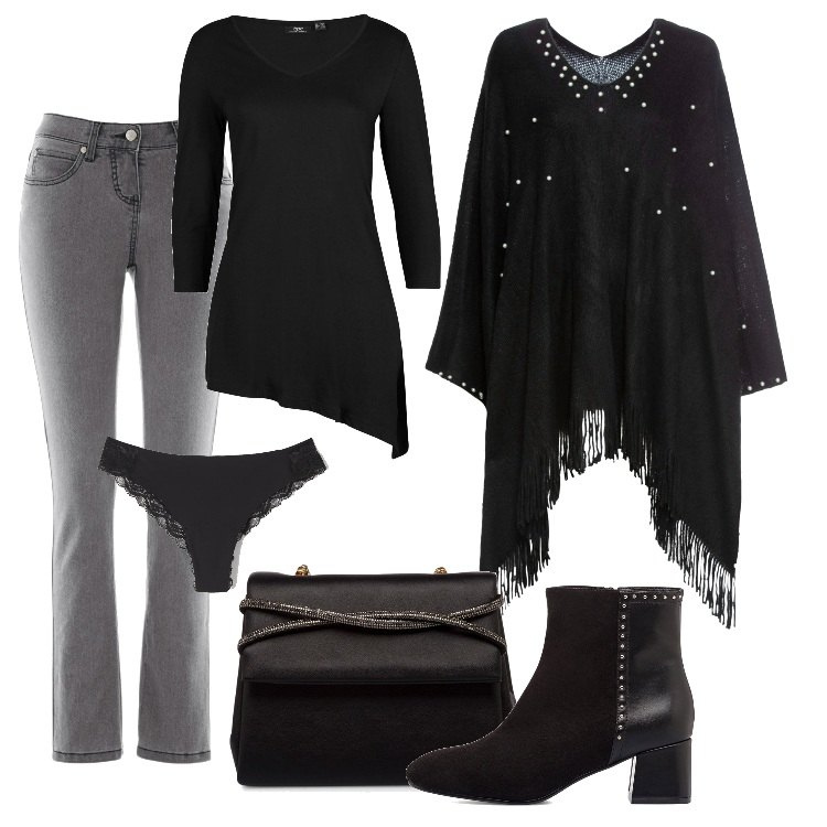 Outfit donna - Total look #1710507. Stile Rock per Serata fuori. Abbinamento con maglieria, jeans slim fit, cappotti, culotte, clutch, stivaletti.