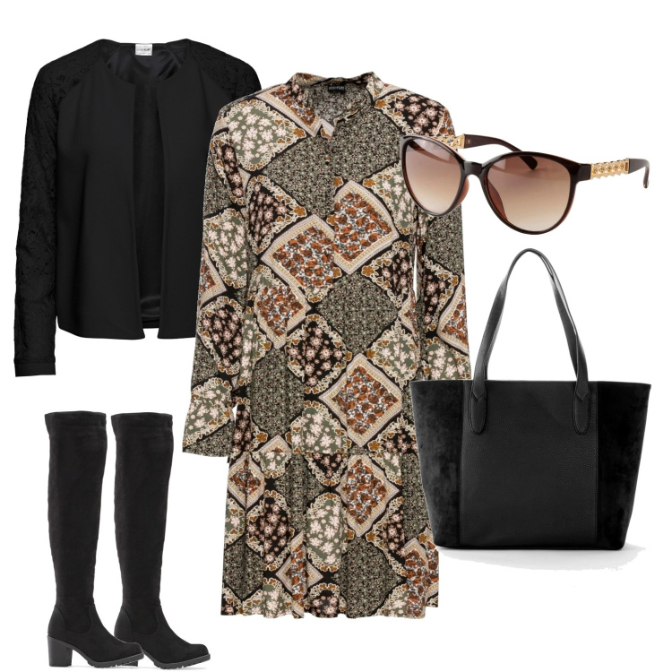 Outfit donna - Total look #1710528. Stile Romantica per Ufficio. Abbinamento con blazer, shopping bag, vestiti, stivali sopra il ginocchio, occhiali da sole.