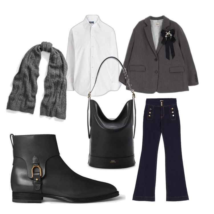 Outfit donna - Preppy in ufficio. Stile Trendy per Tutti i giorni. Abbinamento con jeans, cappotti, borse a secchiello, camicie, sciarpe, stivaletti.