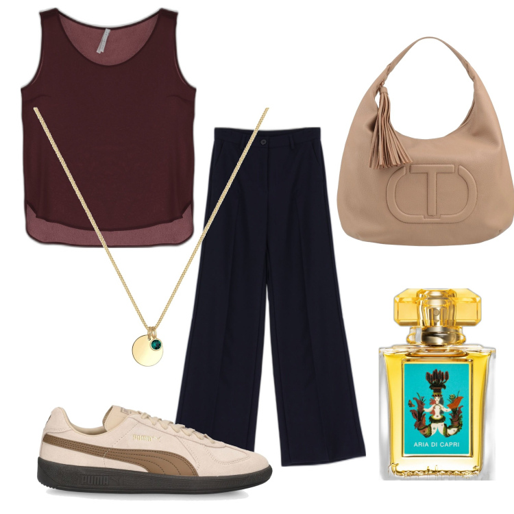 Outfit donna - Total look #1710598. Stile Urban per Tutti i giorni. Abbinamento con borse a mano, profumi, canottiere, pantaloni a palazzo, sneakers, collane.