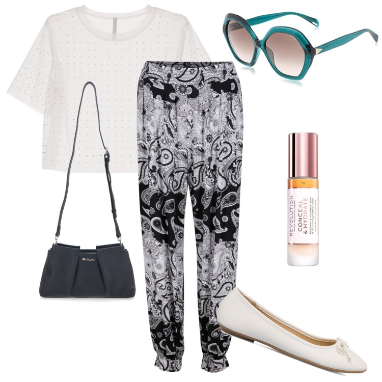Outfit donna - Il pantalone etnico. Stile Etnico per Tutti i giorni. Abbinamento con pantaloni, fondotinta, t-shirt, ballerine, occhiali da sole, borse a tracolla.