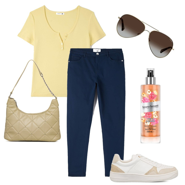 Outfit donna - La t-shirt gialla. Stile Basic per Tutti i giorni. Abbinamento con profumi, pantaloni, t-shirt, sneakers, borse a spalla, occhiali da sole.