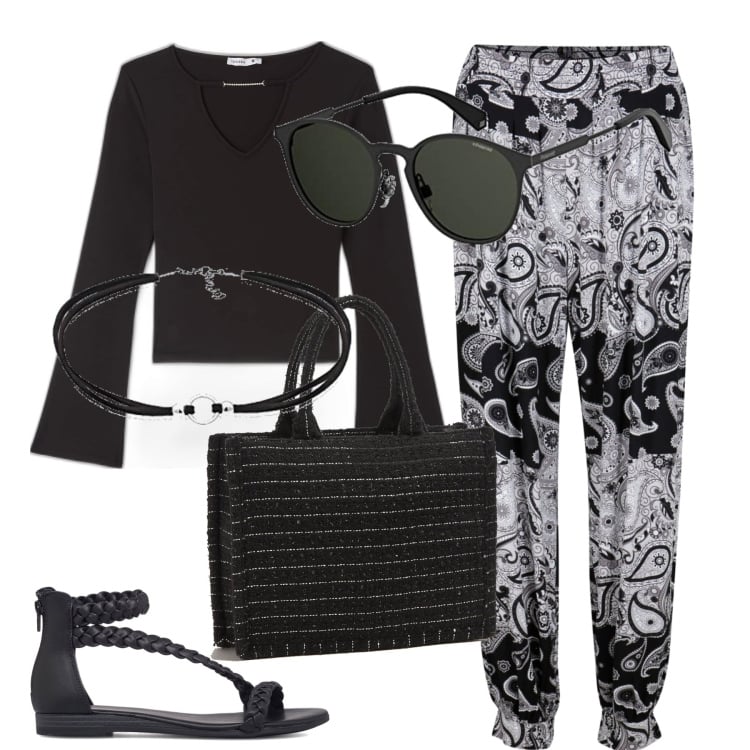 Outfit donna - Pantaloni comodi. Stile Basic per Tutti i giorni. Abbinamento con pantaloni, sandali, shopping bag, occhiali da sole, collane, t-shirt.