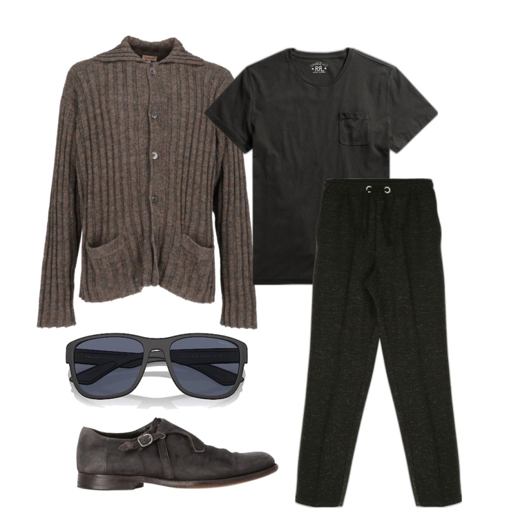 Outfit uomo - Ghost outfitter - settembre. Stile Casual per Tutti i giorni. Abbinamento con cardigans, scarpe stringate, pantaloni, t-shirt, occhiali da sole.