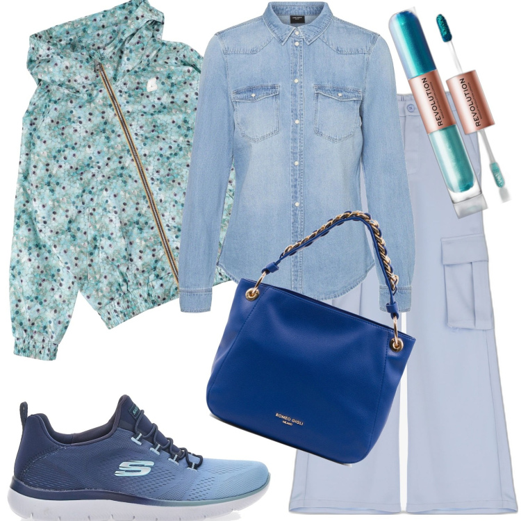 Outfit donna - Giornate uggiose. Stile Casual per Ufficio. Abbinamento con giacche, ombretti, pantaloni a palazzo, borse a spalla, camicie, sneakers.