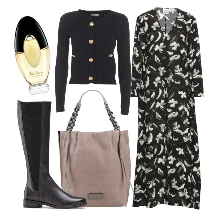 Outfit donna - Vestito e stivali. Stile Glamour per Tutti i giorni. Abbinamento con vestiti lunghi, borse a mano, stivali sopra il ginocchio, profumi, cardigans.