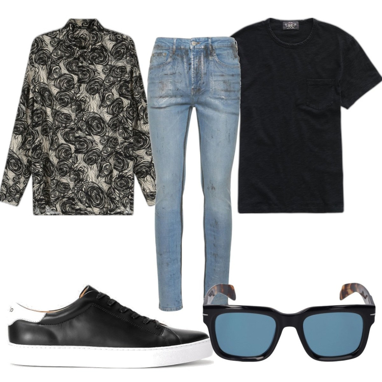 Outfit uomo - Total look #1710920. Stile Trendy per Tutti i giorni. Abbinamento con camicie, t-shirt, sneakers, jeans skinny, occhiali da sole.