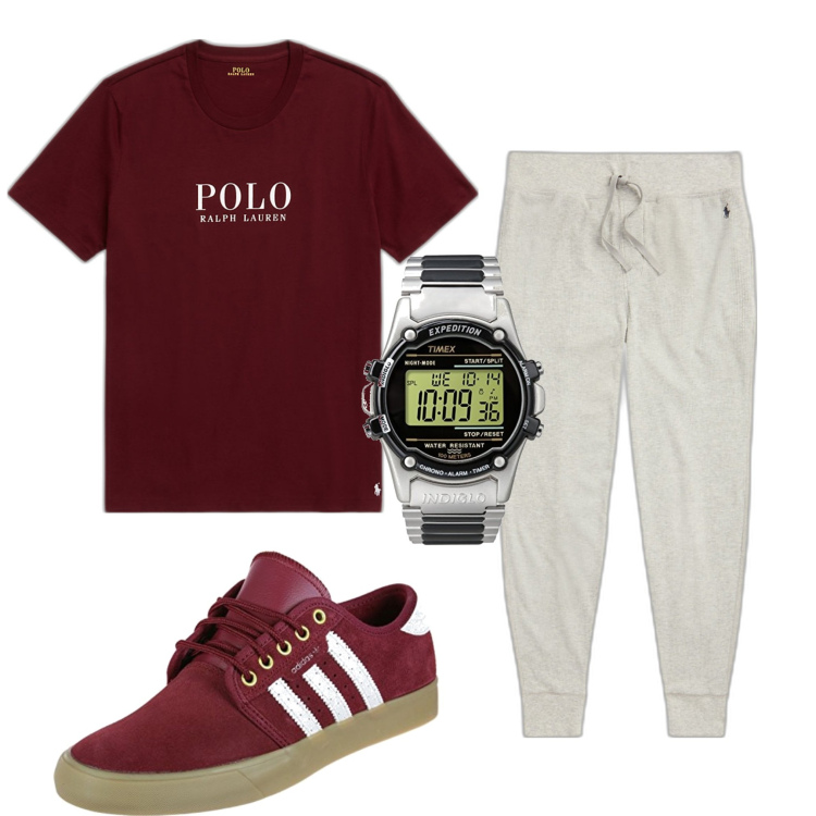 Outfit uomo - Ora sport. Stile Casual per Sport. Abbinamento con t-shirt, pantaloni, orologi digitali, scarpe sportive.