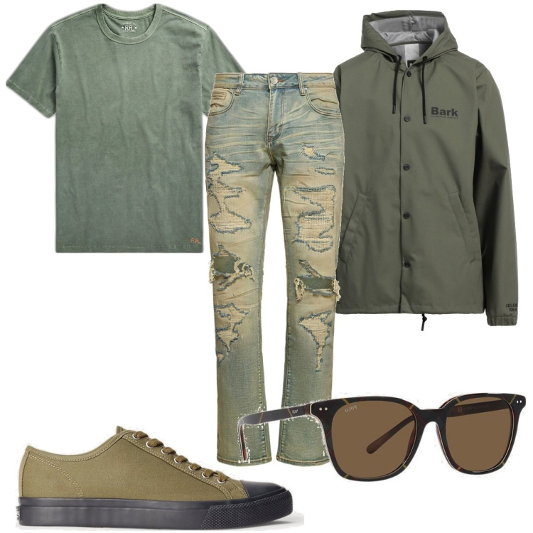 Outfit uomo - Total look #1710923. Stile Casual per Tutti i giorni. Abbinamento con giacche, sneakers, occhiali da sole, t-shirt, jeans dritti.