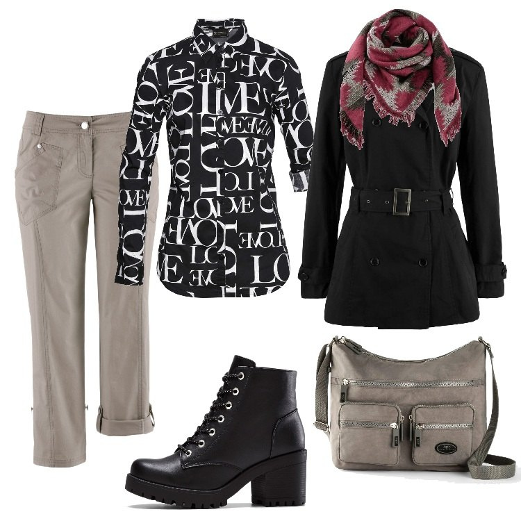 Outfit donna - Total look #1710928. Stile Trendy per Scuola/Università. Abbinamento con stivaletti, borse a tracolla, trench, pantaloni capri, camicie, foulard.