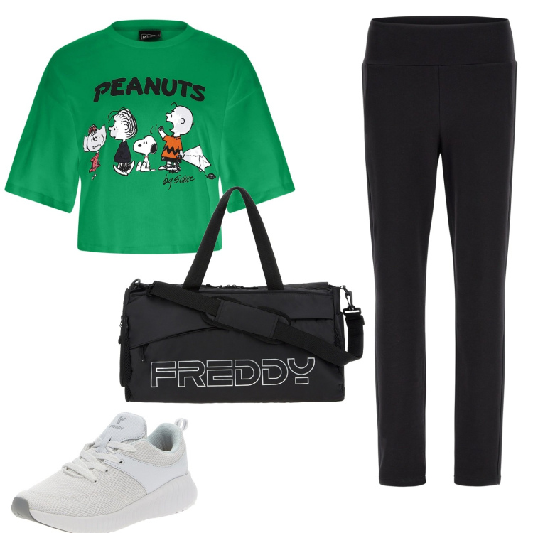 Outfit donna - Fall Viber Freddy. Stile Basic per Sport. Abbinamento con borse sportive, t-shirt, sneakers, pantaloni.