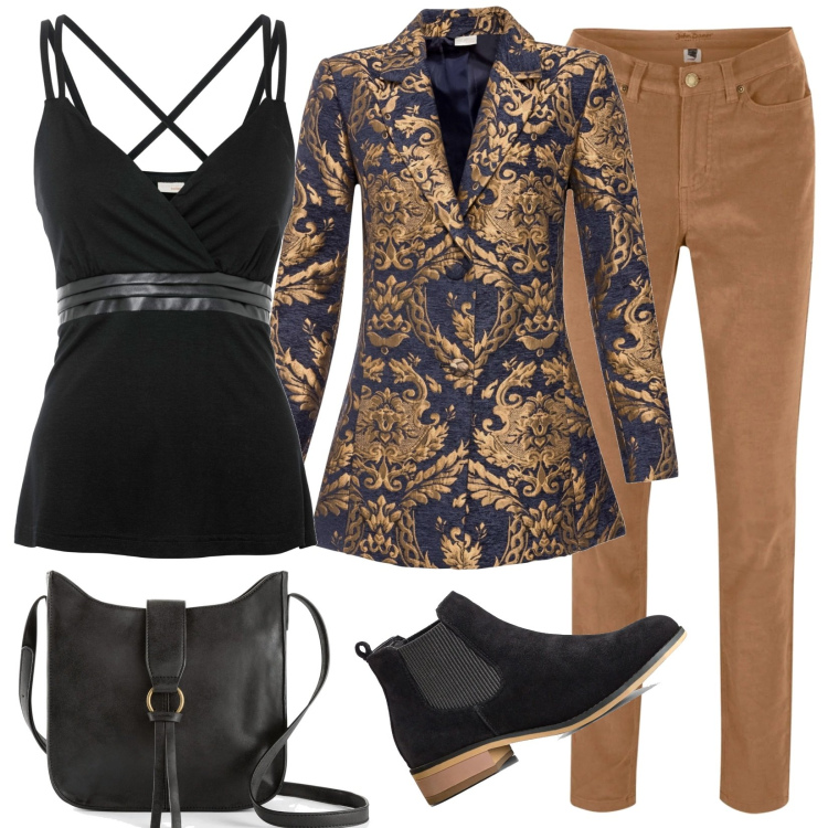 Outfit donna - Fantasia jacquard. Stile Casual chic per Tutti i giorni. Abbinamento con cappotti, borse a tracolla, pantaloni skinny, top, stivaletti chelsea.