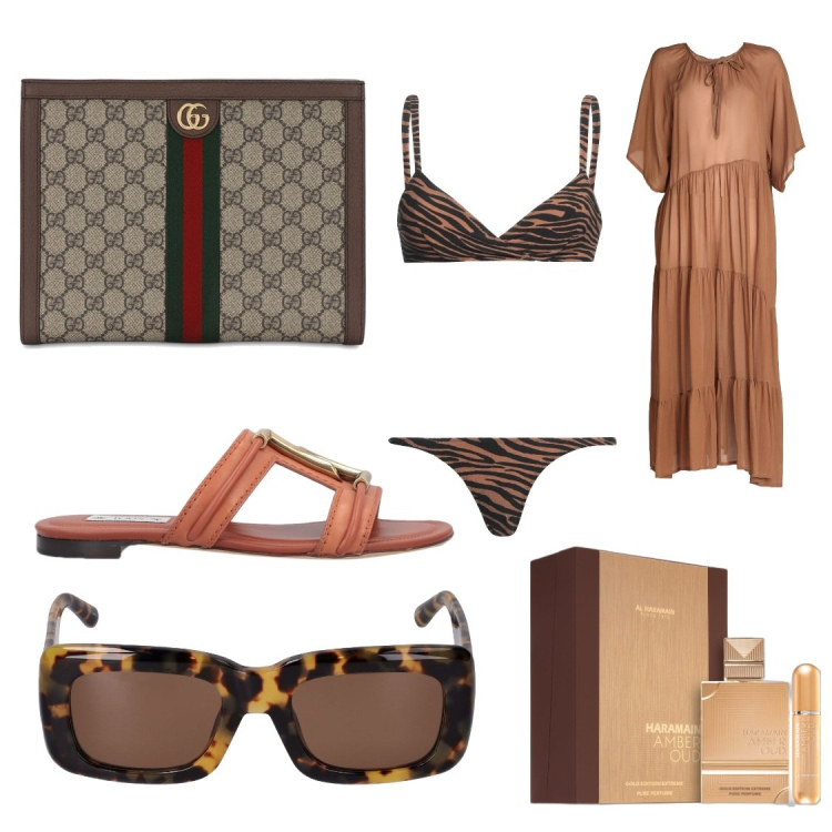 Outfit donna - brown sea. Stile Trendy per Mare. Abbinamento con vestiti da spiaggia, bikini, sandali in pelle, profumi, pochette, occhiali da sole.