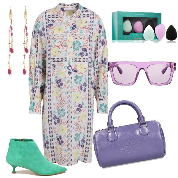 Outfit donna - Perfetta a settembre. Stile Romantica per Ufficio. Abbinamento con vestiti corti, fondotinta, stivaletti, borse a mano, orecchini, occhiali da sole.