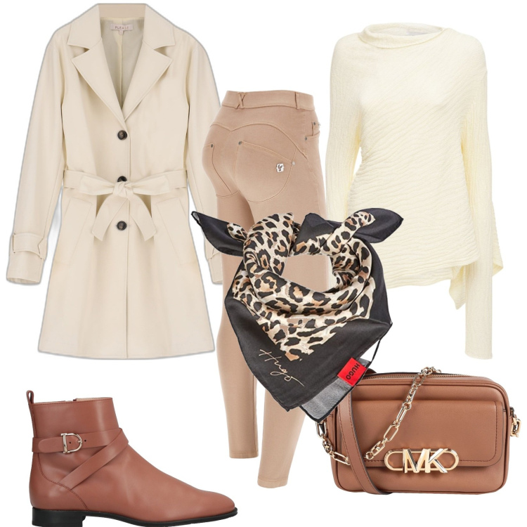 Outfit donna - Colori chiari anche in autunno. Stile Casual chic per Tutti i giorni. Abbinamento con borse a tracolla, stivaletti, cappotti, pantaloni skinny, maglieria, sciarpe.
