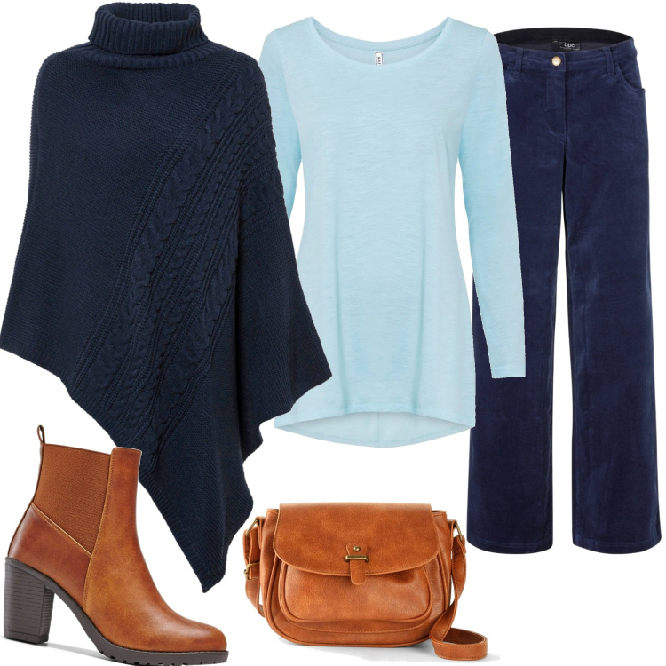 Outfit donna - Poncho con treccia. Stile Casual per Tutti i giorni. Abbinamento con borse a tracolla, cinture, maglieria, pantaloni, stivaletti.