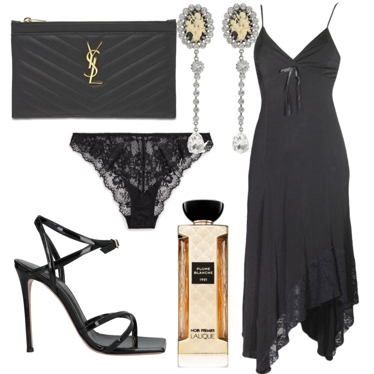 Outfit donna - Irresistibile. Stile Sexy per Serata fuori. Abbinamento con vestiti lunghi, sandali in pelle, profumi, perizomi, pochette, orecchini.
