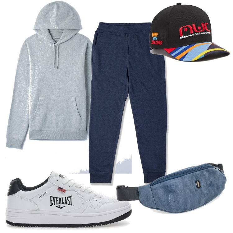 Outfit uomo - Total look #1711118. Stile Trendy per Sport. Abbinamento con cappelli, felpe con cappuccio, pantaloni, borse sportive, sneakers.