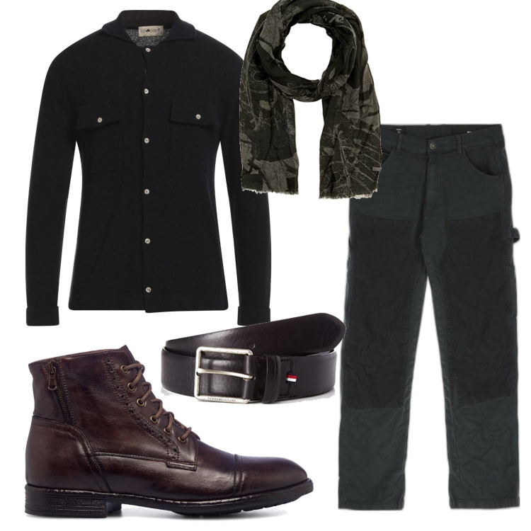 Outfit uomo - Total look #1711134. Stile Casual per Tutti i giorni. Abbinamento con jeans dritti, anfibi, camicie, sciarpe, cinture.