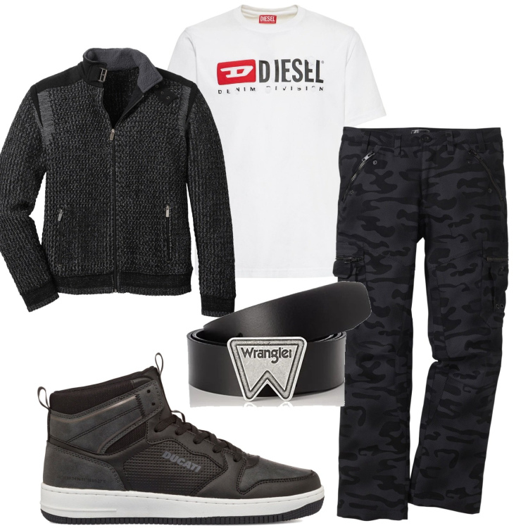 Outfit uomo - Total look #1711142. Stile Casual per Tutti i giorni. Abbinamento con sneakers alte, cardigans, pantaloni cargo, t-shirt, cinture.