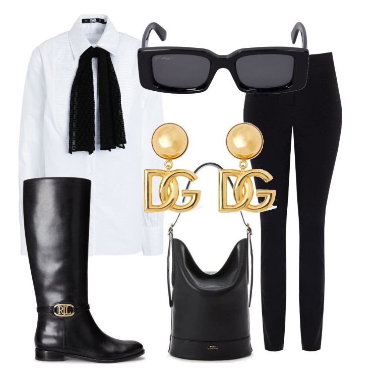 Outfit donna - Stile intramontabile!. Stile Casual chic per Tutti i giorni. Abbinamento con camicie, pantaloni, borse a secchiello, stivali sopra il ginocchio, occhiali da sole, orecchini.
