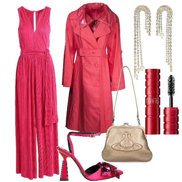 Outfit donna - Un salto a Venezia. Stile Glamour per Cerimonia. Abbinamento con tute, trench, décolleté, mascara, orecchini, pochette.