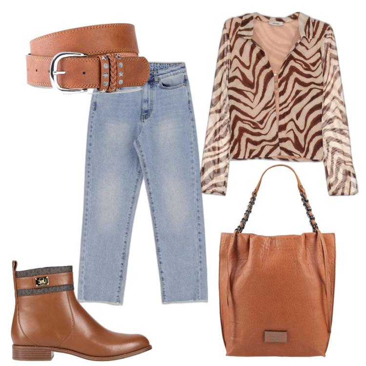 Outfit donna - Stivaletti bassi e blusa animalier. Stile Trendy per Ufficio. Abbinamento con cinture, stivaletti, borse a mano, bluse, jeans dritti.
