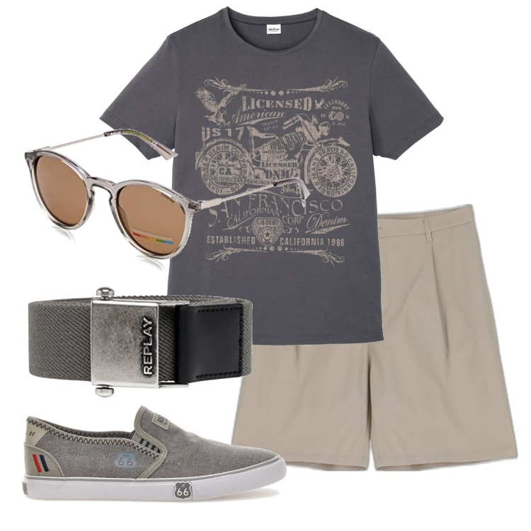 Outfit uomo - Total look #1711227. Stile Casual per Tutti i giorni. Abbinamento con t-shirt, bermuda, occhiali da sole, cinture, sneakers.