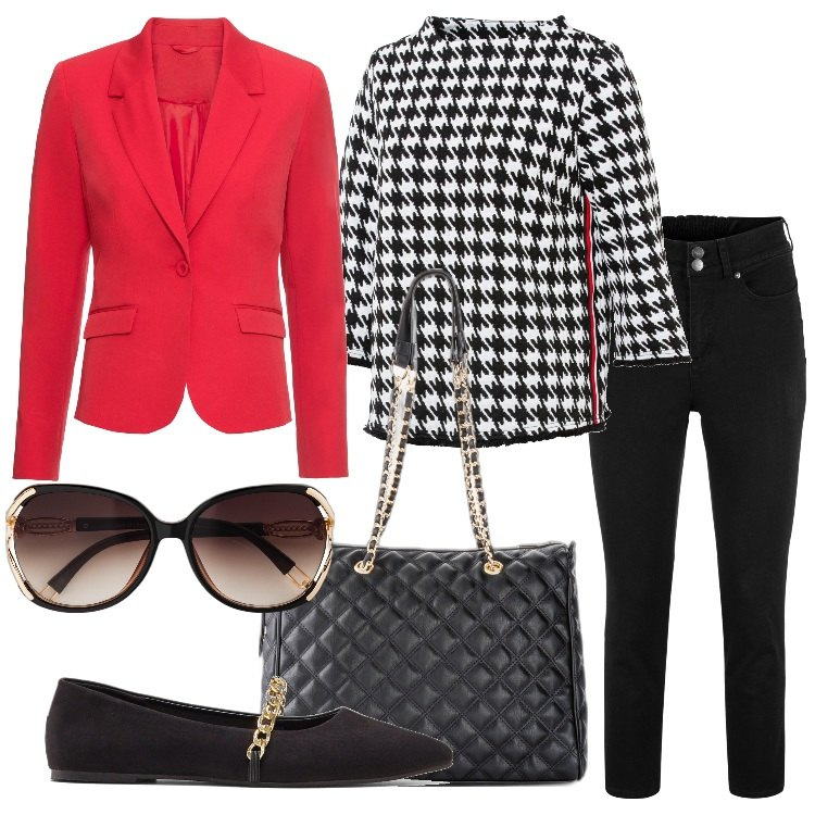 Outfit donna - Utility chic fall. Stile Bon Ton per Ufficio. Abbinamento con jeans, shopping bag, occhiali da sole, maglieria, blazer, ballerine.