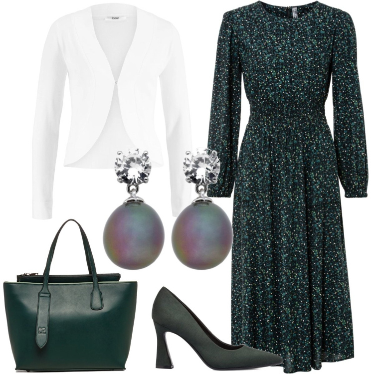 Outfit donna - Verde d’autunno. Stile Chic per Tutti i giorni. Abbinamento con vestiti midi/longuette, blazer, borse a spalla, décolleté, orecchini.