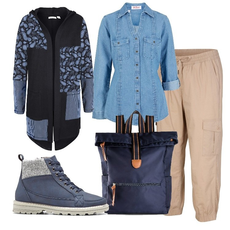 Outfit donna - Utility chic fall. Stile Trendy per Tutti i giorni. Abbinamento con stivaletti, zaini, cardigans, pantaloni cargo, camicie.