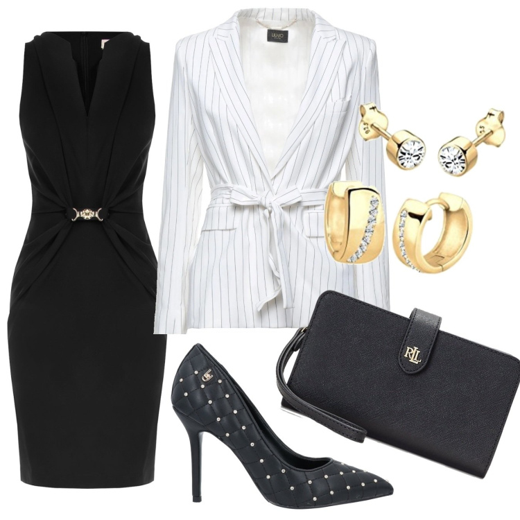 Outfit donna - Cena a settembre. Stile Chic per Serata fuori. Abbinamento con blazer, décolleté, vestiti midi/longuette, pochette, orecchini.