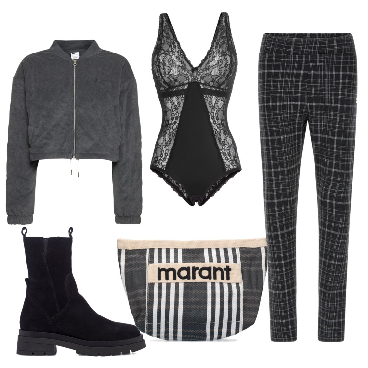 Outfit donna - Total look #1711301. Stile Bon Ton per Tutti i giorni. Abbinamento con body, pantaloni, stivaletti, giacche, pochette.