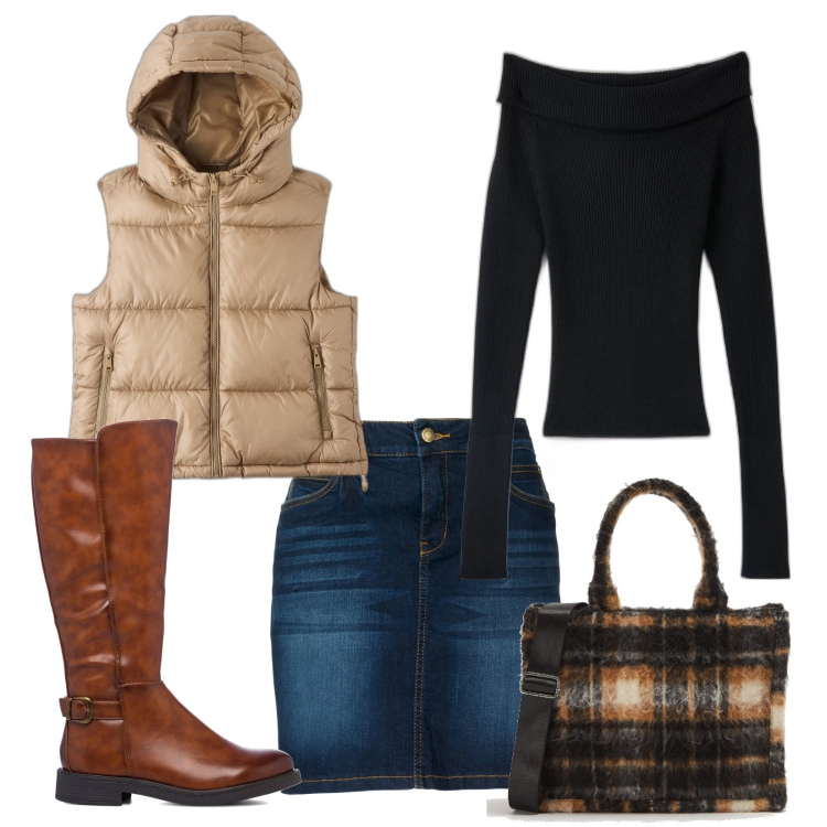 Outfit donna - Total look #1711323. Stile Casual per Scuola/Università. Abbinamento con gonne, maglieria, shopping bag, piumini, stivali.