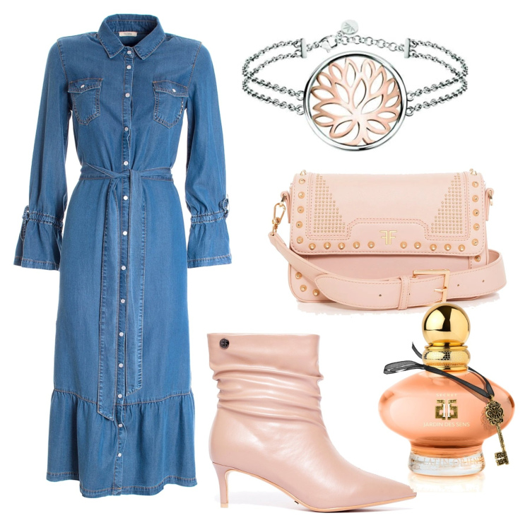 Outfit donna - Denim d\'autunno. Stile Casual chic per Tutti i giorni. Abbinamento con profumi, vestiti chemisier, borse a spalla, stivaletti, braccialetti.