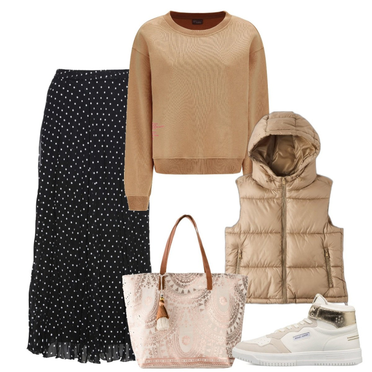 Outfit donna - Al caldo con stile. Stile Casual per Tutti i giorni. Abbinamento con gonne, shopping bag, piumini, felpe, sneakers alte.