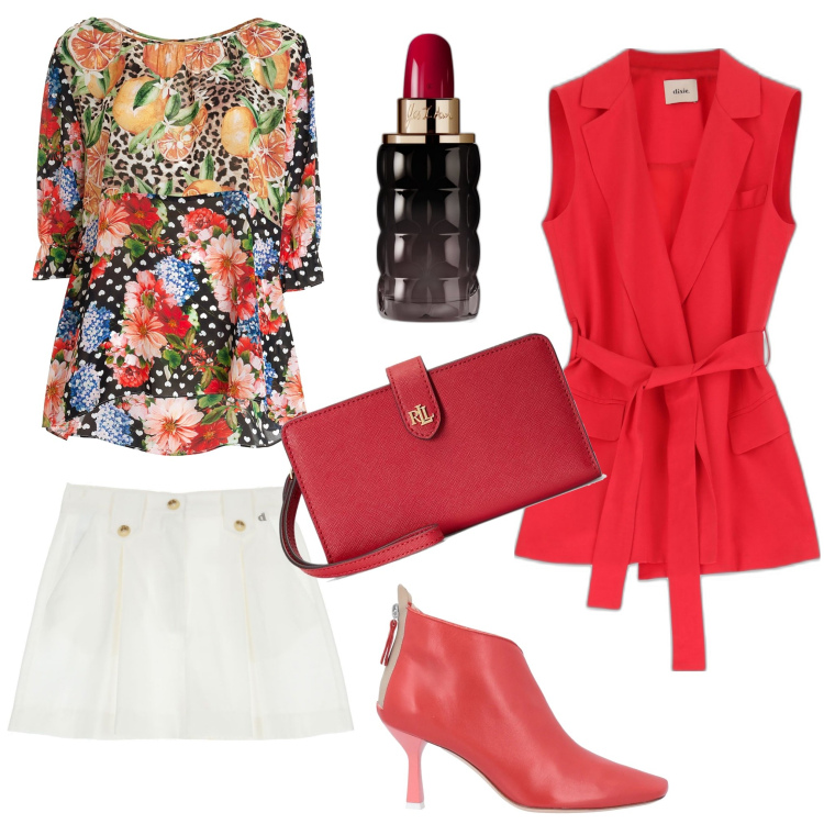 Outfit donna - Aperitivo?. Stile Trendy per Tutti i giorni. Abbinamento con stivaletti, profumi, bluse, gilet, bermuda, pochette.