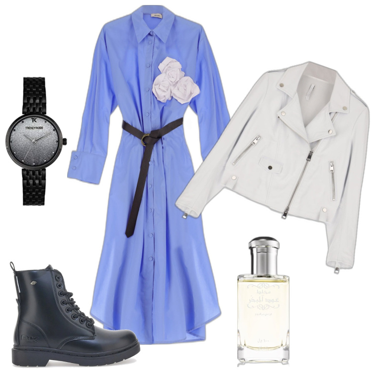 Outfit donna - Fine estate. Stile Casual per Tutti i giorni. Abbinamento con profumi, giacche, vestiti midi/longuette, stivaletti, orologi.