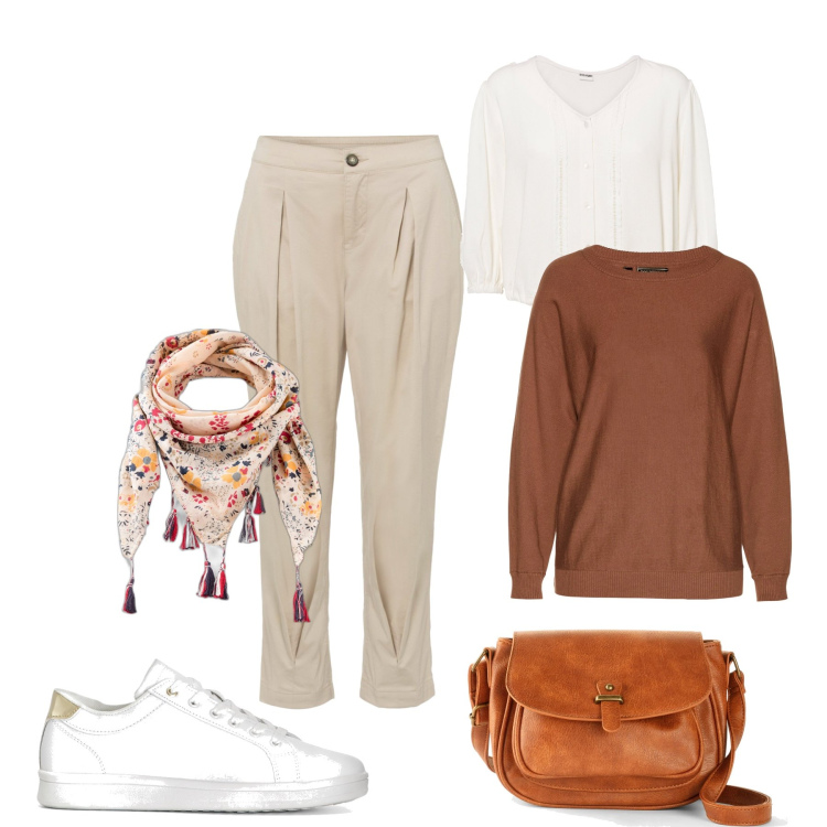 Outfit donna - Total look #1711427. Stile Casual chic per Tutti i giorni. Abbinamento con maglieria, borse a tracolla, pantaloni capri, sneakers, camicie, foulard.