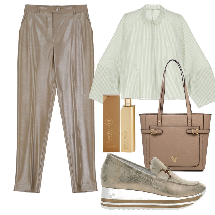 Outfit donna - Pantalone laminato. Stile Casual chic per Tutti i giorni. Abbinamento con profumi, pantaloni, camicie, borse a spalla, mocassini.