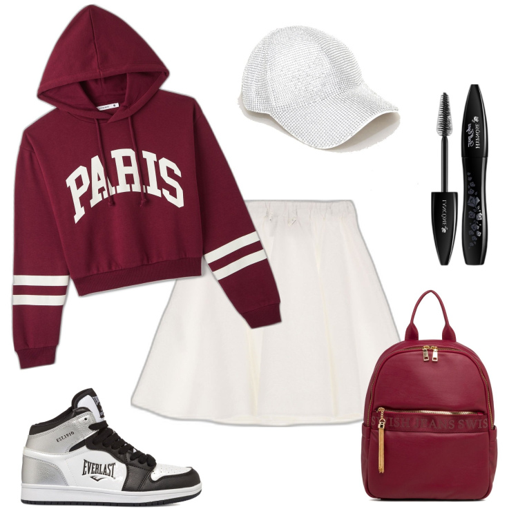 Outfit donna - Università trendy. Stile Basic per Scuola/Università. Abbinamento con mascara, felpe con cappuccio, minigonne, sneakers alte, zaini, cappelli con visiera.