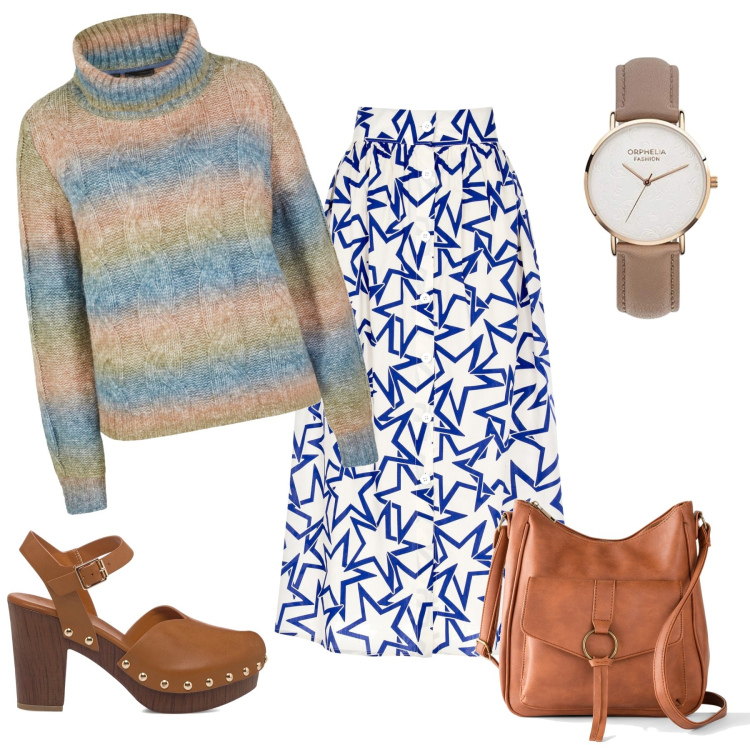 Outfit donna - Mix di texture. Stile Casual per Tutti i giorni. Abbinamento con borse a tracolla, maglieria, gonne lunghe, zoccoli, orologi analogici.