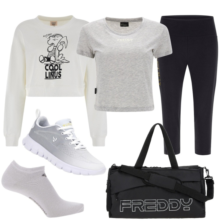 Outfit donna - Emma. Stile Sporty chic per Sport. Abbinamento con borse sportive, leggings, sneakers, felpe, t-shirt, calzini.