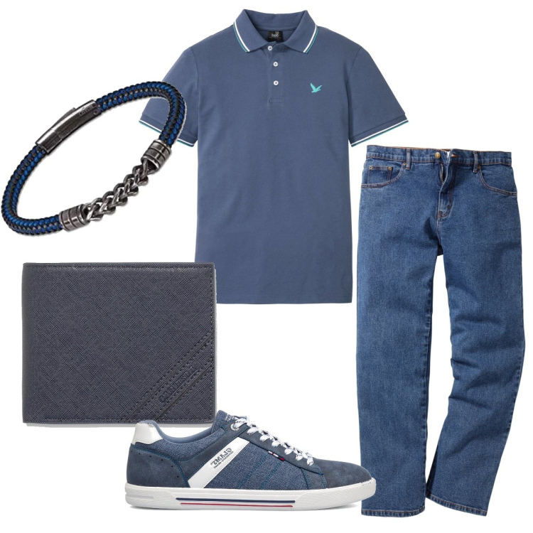 Outfit uomo - Tutto blu. Stile Casual per Tutti i giorni. Abbinamento con polo, jeans dritti, sneakers, portafogli, braccialetti.