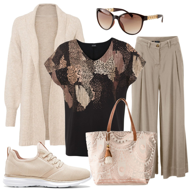 Outfit donna - Amo il beige. Stile Casual chic per Ufficio. Abbinamento con maglieria, pantaloni capri, sneakers, cardigans, shopping bag, occhiali da sole.