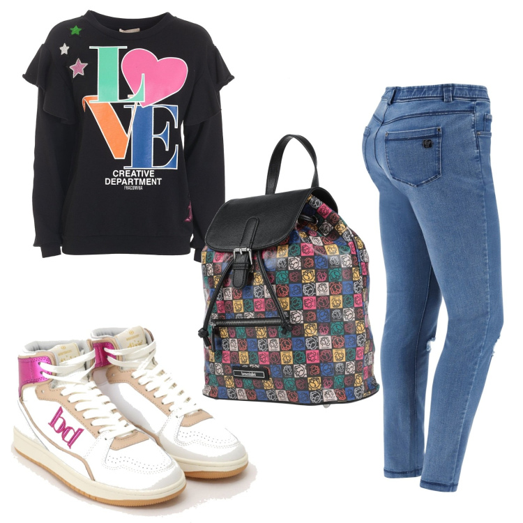 Outfit donna - Pronta per la scuola. Stile Sporty chic per Scuola/Università. Abbinamento con zaini, sneakers alte, felpe, jeans strappati.