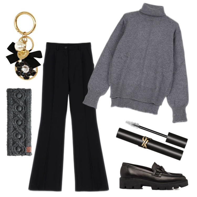 Outfit donna - In ufficio ad ottobre. Stile Casual chic per Ufficio. Abbinamento con mascara, maglieria, pantaloni, sciarpe, mocassini, portachiavi.