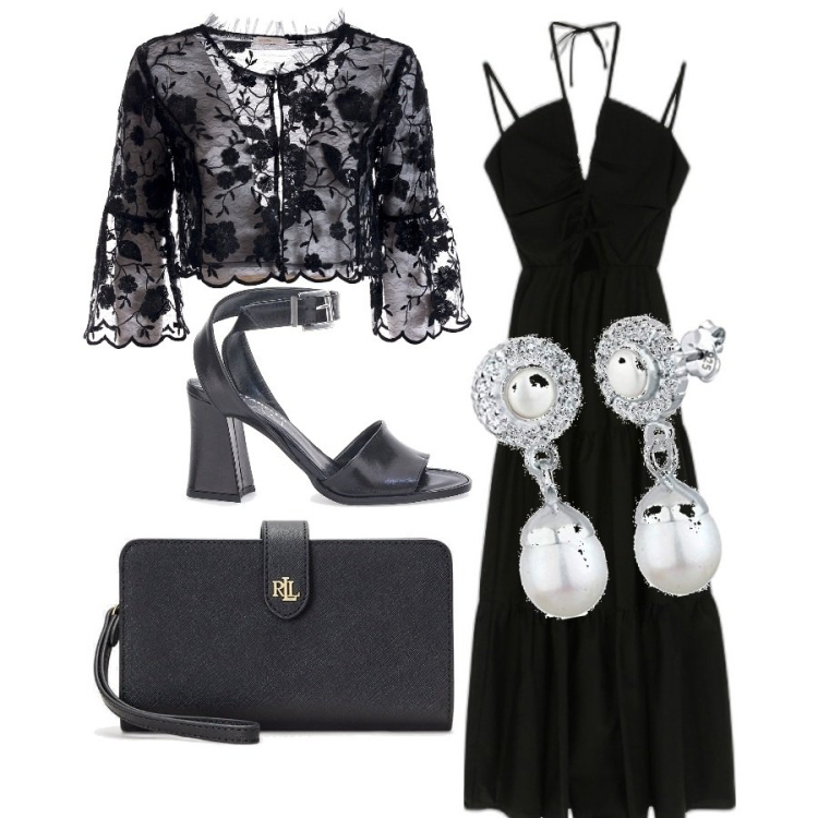 Outfit donna - Chic. Stile Chic per Serata fuori. Abbinamento con vestiti lunghi, blazer, pochette, orecchini, sandali in pelle.