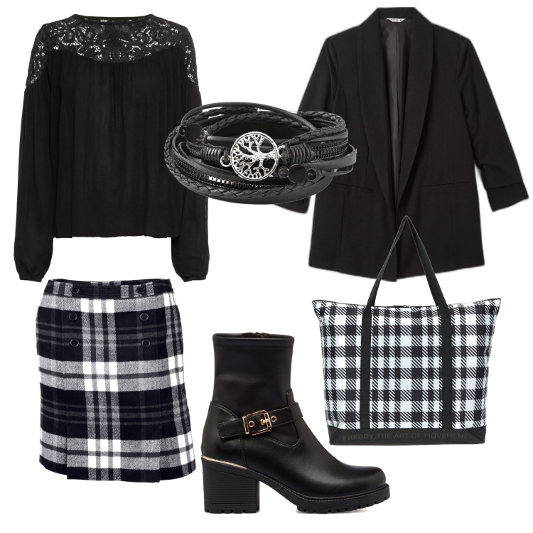 Outfit donna - Quadri. Stile Casual chic per Serata fuori. Abbinamento con tuniche, braccialetti, minigonne, blazer, borse tote, stivaletti.